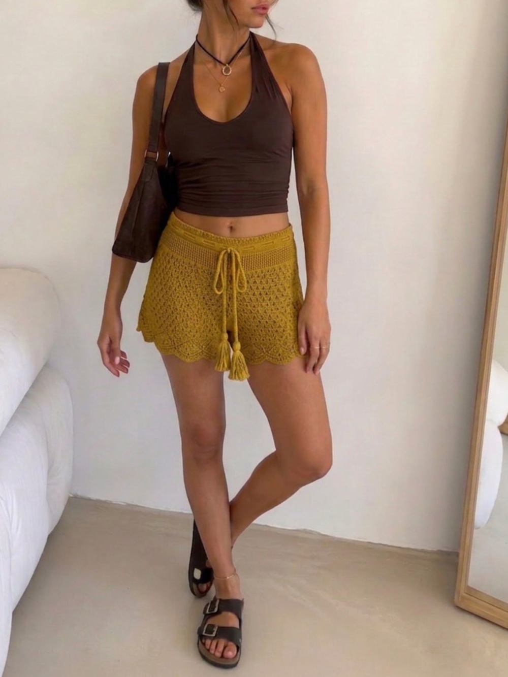 Boho Crochet Shorts Tassel Mustard Lined Festival Coastal M